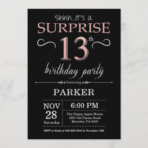 Invitation Surprise 13e anniversaire Black and Rose Pink Gold