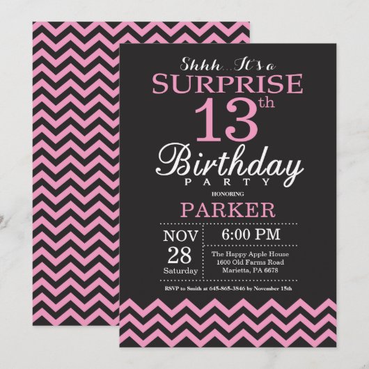 Invitation Surprise 13e anniversaire Chevron noir et rose (Devant / Derrière)