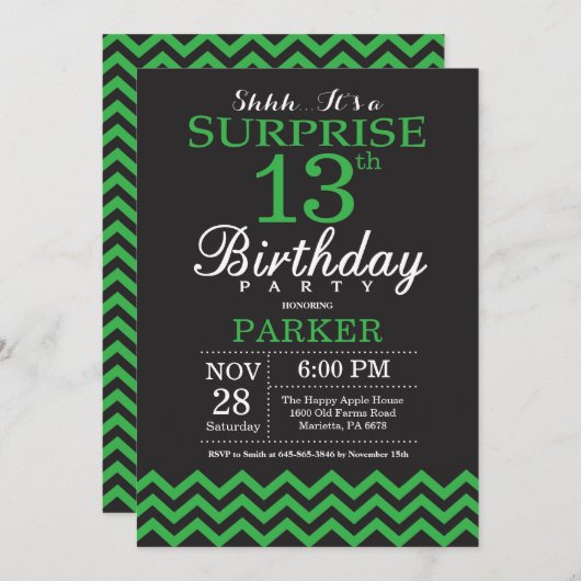 Invitation Surprise 13e anniversaire Chevron noir et vert (Devant / Derrière)