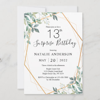 Invitation Surprise 13e anniversaire Eucalyptus Vert & Or
