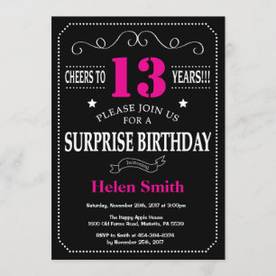 Invitation Surprise 13e anniversaire Hot Pink and Black