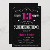 Invitation Surprise 13e anniversaire Hot rose et noir (Devant / Derrière)
