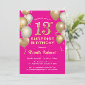 Invitation Surprise 13e anniversaire Hot rose et or Ballons (Debout devant)