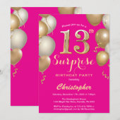 Invitation Surprise 13e anniversaire Hot rose et or Ballons (Devant / Derrière)