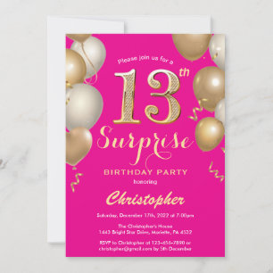 Invitation Surprise 13e anniversaire Hot rose et or Ballons