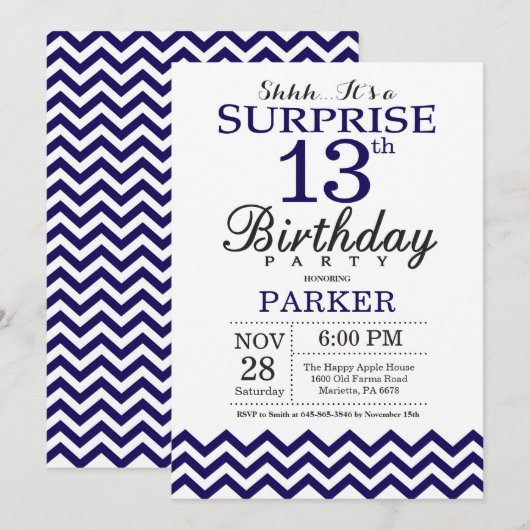 Invitation Surprise 13e anniversaire Marine Blue Chevron (Devant / Derrière)