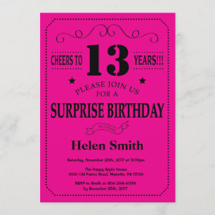 Invitation Surprise 13e anniversaire Noir et rose chaud