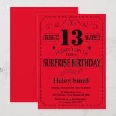 Invitation surprise 13e anniversaire Noir et Rouge (Devant / Derrière)