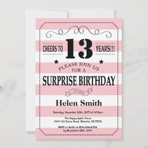 Invitation Surprise 13e anniversaire rayures roses et blanche