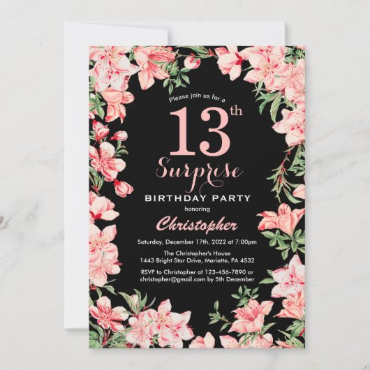 Invitation Surprise 13e anniversaire rose fleurs florales Noi (Devant)