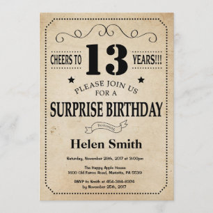 Invitation Surprise 13e anniversaire Rustic Vintage Retro
