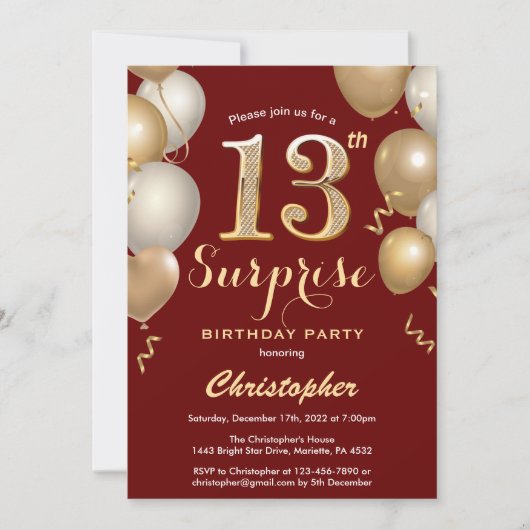 Invitation Surprise 13e anniversaire Sombre Rouge et Or Ballo (Devant)