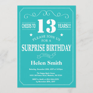 Invitation surprise 13e anniversaire Turquoise et