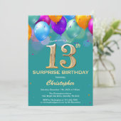 Invitation Surprise 13e anniversaire Turquoises et Ballons d' (Debout devant)