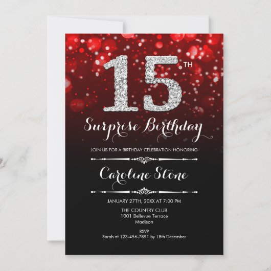 Invitation Surprise 15e anniversaire - Argent rouge (Devant)