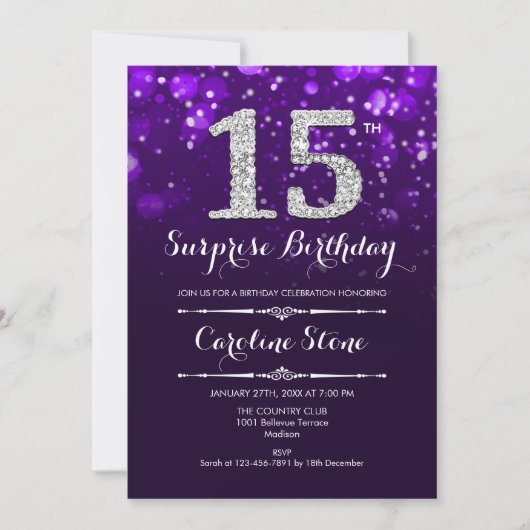 Invitation Surprise 15e anniversaire - Argent violet (Devant)