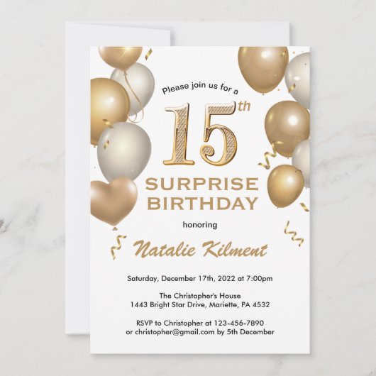 Invitation Surprise 15e anniversaire Ballons blanc et or (Devant)