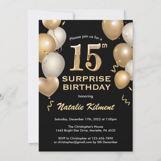 Invitation Surprise 15e anniversaire Ballons noir et or (Devant)