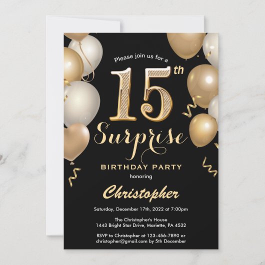 Invitation Surprise 15e anniversaire Ballons noir et or (Devant)