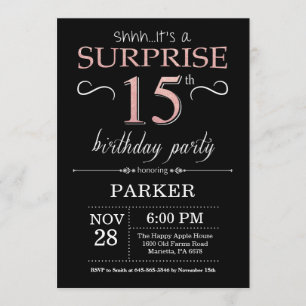 Invitation Surprise 15e anniversaire Black and Rose Pink Gold