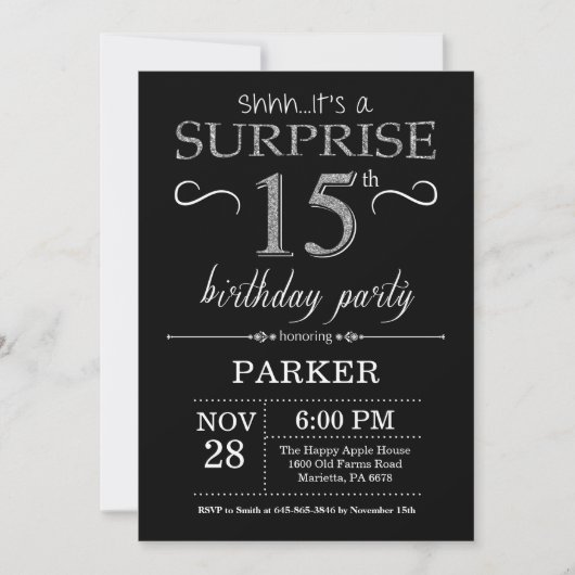 Invitation surprise 15e anniversaire Black and Sil (Devant)