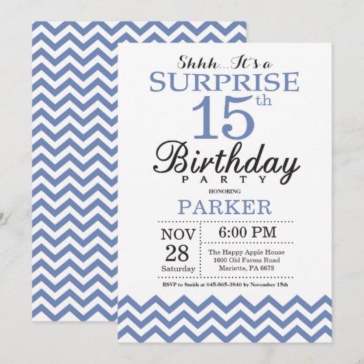 Invitation Surprise 15e anniversaire Blue Chevron (Devant / Derrière)