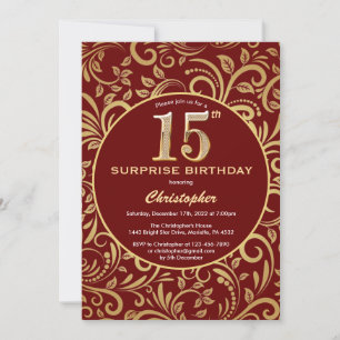 Invitation Surprise 15e anniversaire Bourgogne Rouge & Or Flo