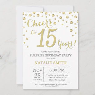 Invitation Surprise 15e anniversaire Gold Parties scintillant
