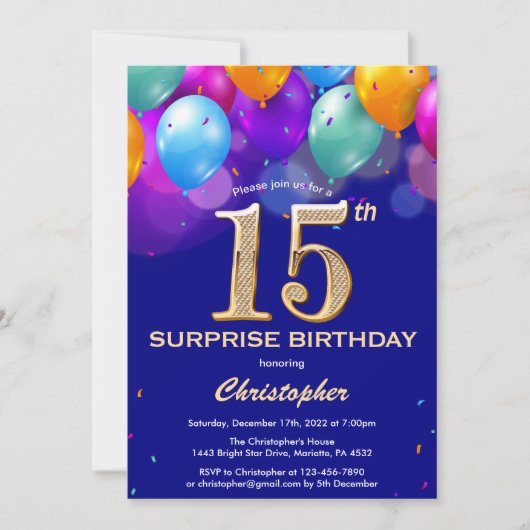 Invitation Surprise 15e anniversaire Marine Bleu et Ballons d (Devant)