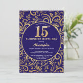 Invitation Surprise 15e anniversaire Marine bleu et or floral (Debout devant)