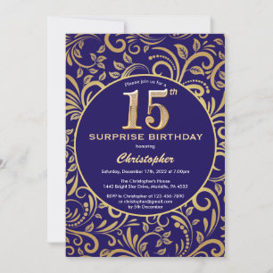 Invitation Surprise 15e anniversaire Marine bleu et or floral