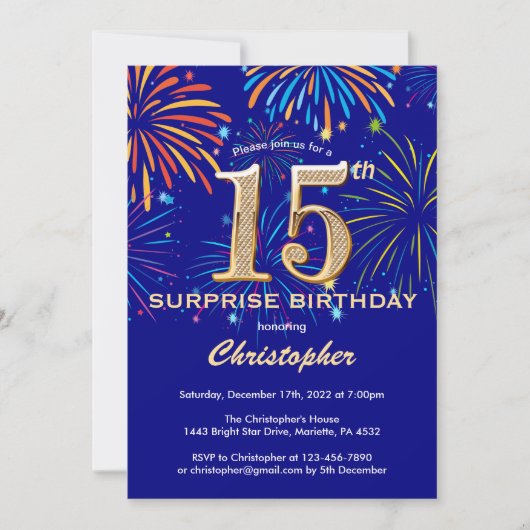 Invitation Surprise 15e anniversaire Marine Blue & Gold Firew (Devant)