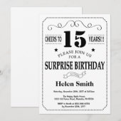 Invitation surprise 15e anniversaire Noir et blanc (Devant / Derrière)