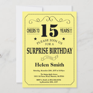 Invitation Surprise 15e anniversaire noir et jaune