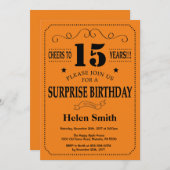 Invitation Surprise 15e anniversaire Noir et orange (Devant / Derrière)