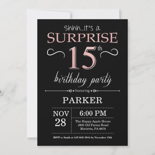 Invitation Surprise 15e anniversaire Noir et Rose Or rose (Devant)
