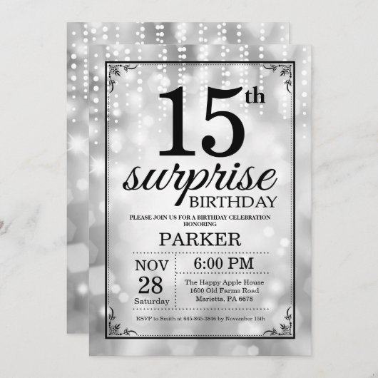 Invitation surprise 15e anniversaire Parties scint (Devant / Derrière)