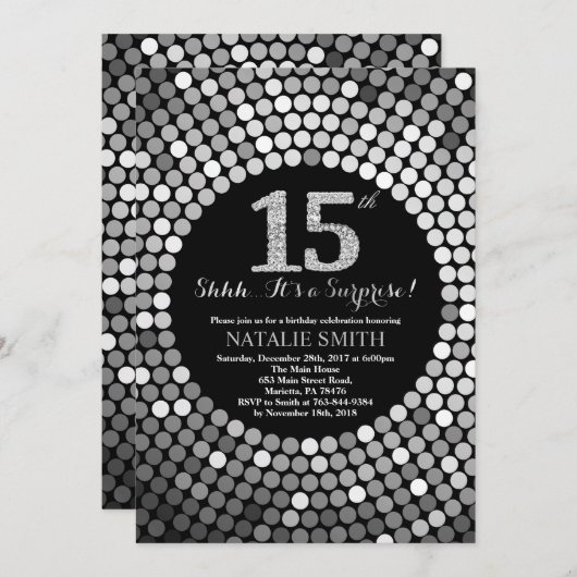 Invitation Surprise 15e anniversaire Parties scintillant noir (Devant / Derrière)