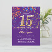 Invitation Surprise 15e anniversaire Purple and Gold Firework (Debout devant)