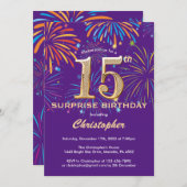 Invitation Surprise 15e anniversaire Purple and Gold Firework (Devant / Derrière)