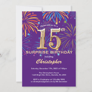Invitation Surprise 15e anniversaire Purple and Gold Firework