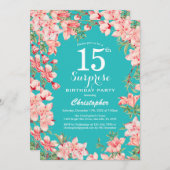Invitation Surprise 15e anniversaire rose fleurs Turquoise (Devant / Derrière)