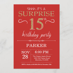 Invitation surprise 15e anniversaire Rouge et or