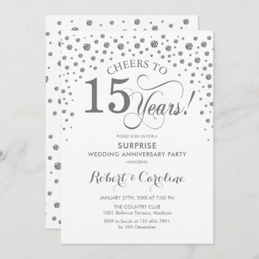 Invitation Surprise 15e anniversaire - Silver White (Devant / Derrière)