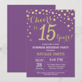 Invitation Surprise 15e anniversaire violet et diamant d'or (Devant / Derrière)