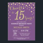 Invitation Surprise 15e anniversaire violet et diamant d'or<br><div class="desc">Invitation surprise 15e anniversaire avec Arrière - plan Diamond Parties scintillant violet et or. Confetti d'or. Anniversaire enfant. Anniversaire garçon ou fille. Pour plus de personnalisation,  cliquez sur le bouton "Customiser" et utilisez notre outil de conception pour modifier ce modèle.</div>
