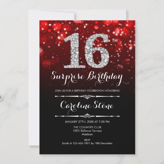 Invitation Surprise 16e anniversaire - Argent rouge noir (Devant)
