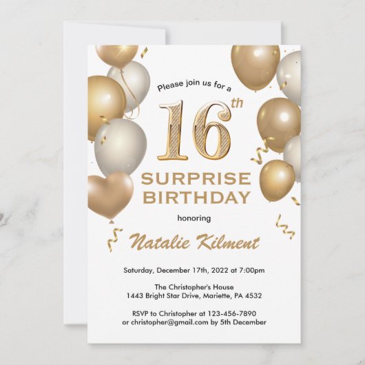 Invitation Surprise 16e anniversaire Ballons blanc et or (Devant)