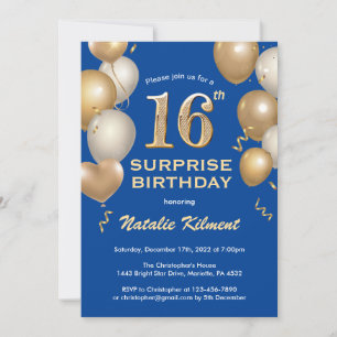 Invitation Surprise 16e anniversaire Ballons bleu et or