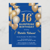 Invitation Surprise 16e anniversaire Ballons bleu et or (Devant / Derrière)